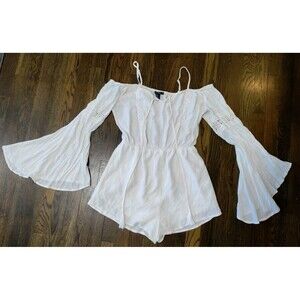 Romper Women's Medium Cream Flare Trumpet Sleeves Whimsical Fairy Embroidery